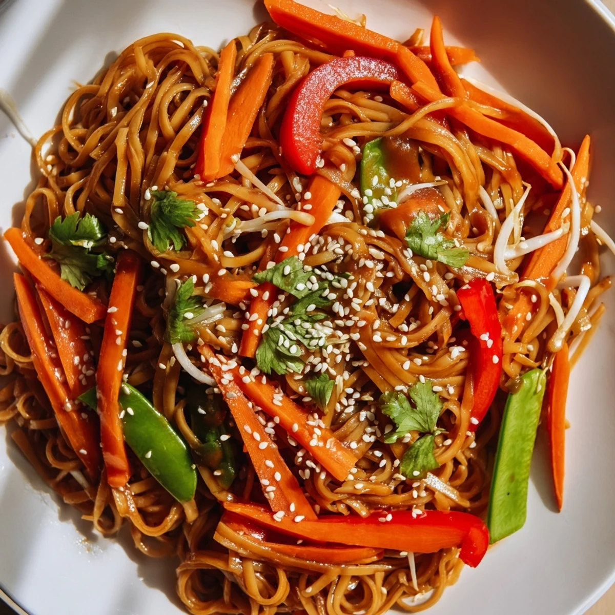 Steaming Rice Noodle Stir Fry fills a bowl with colorful crisp vegetables tossed in savory sauce.