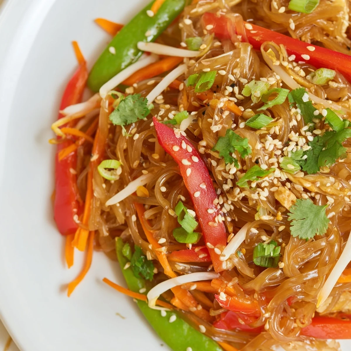 Quick weeknight Rice Noodle Stir Fry features tender noodles wok-seared with snap peas and bell peppers.