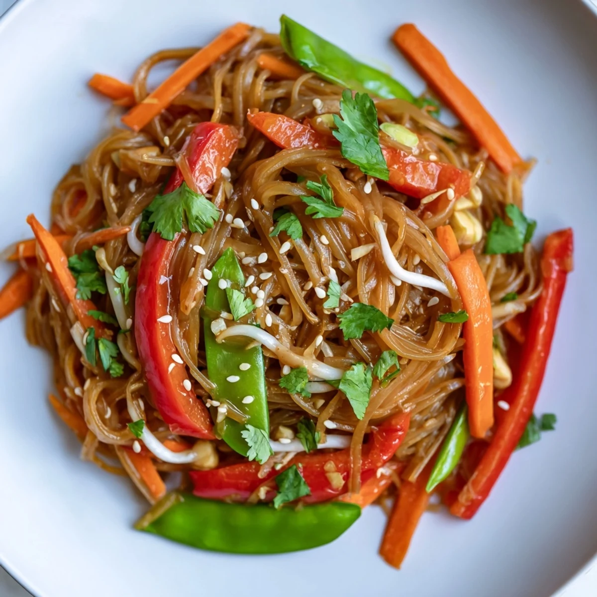 Lime wedges and cilantro garnish this vegetarian Rice Noodle Stir Fry served family style.