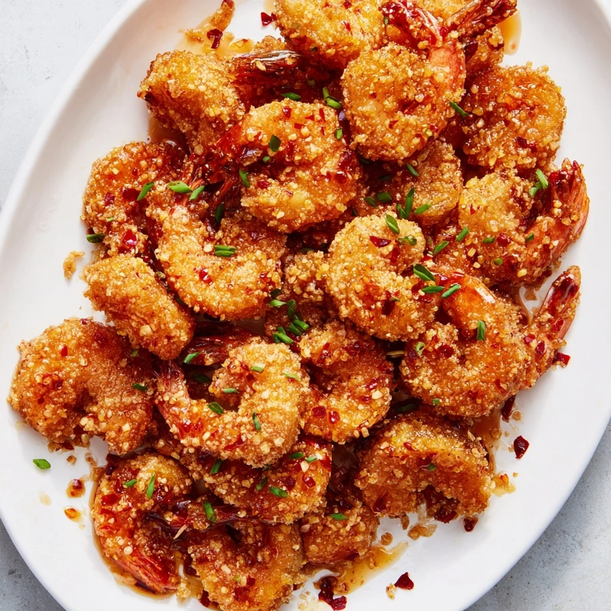 Crispy golden Hot Honey Fried Shrimp glistening with sweet spice glaze, served with lemon wedges and chives