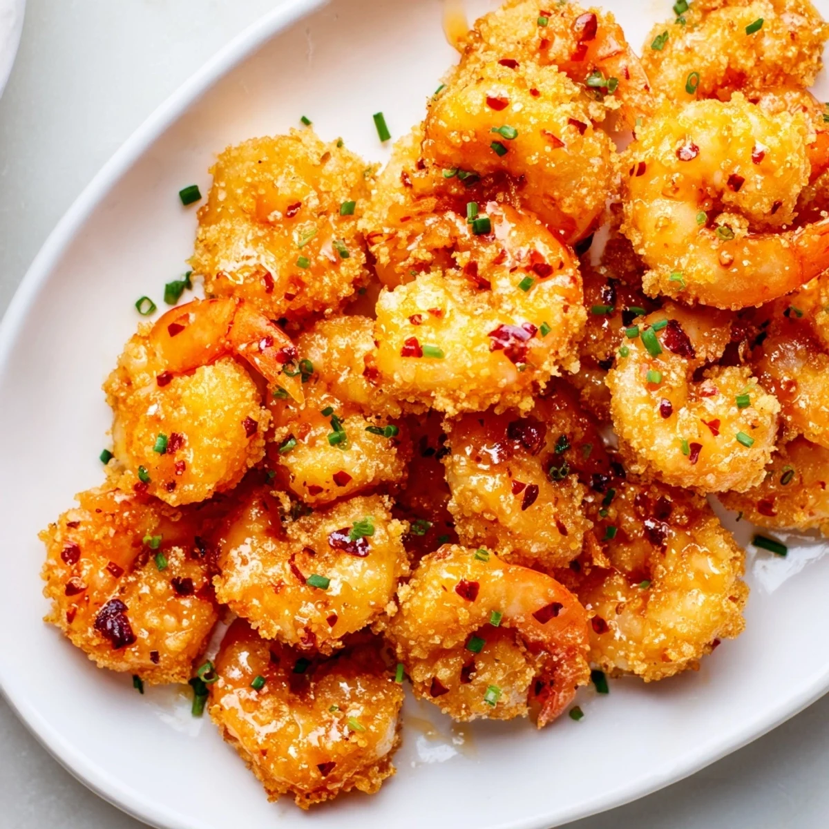 A close-up of Hot Honey Fried Shrimp piled on a white plate with parsley garnish and drizzling glaze