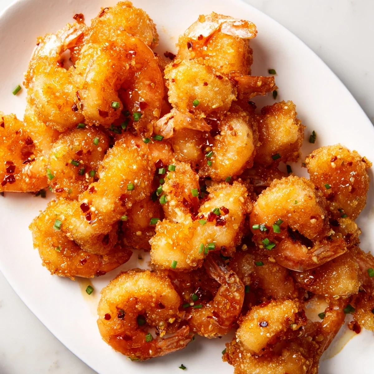 Golden Hot Honey Fried Shrimp resting on a plate with lemon wedges and fresh chives for serving