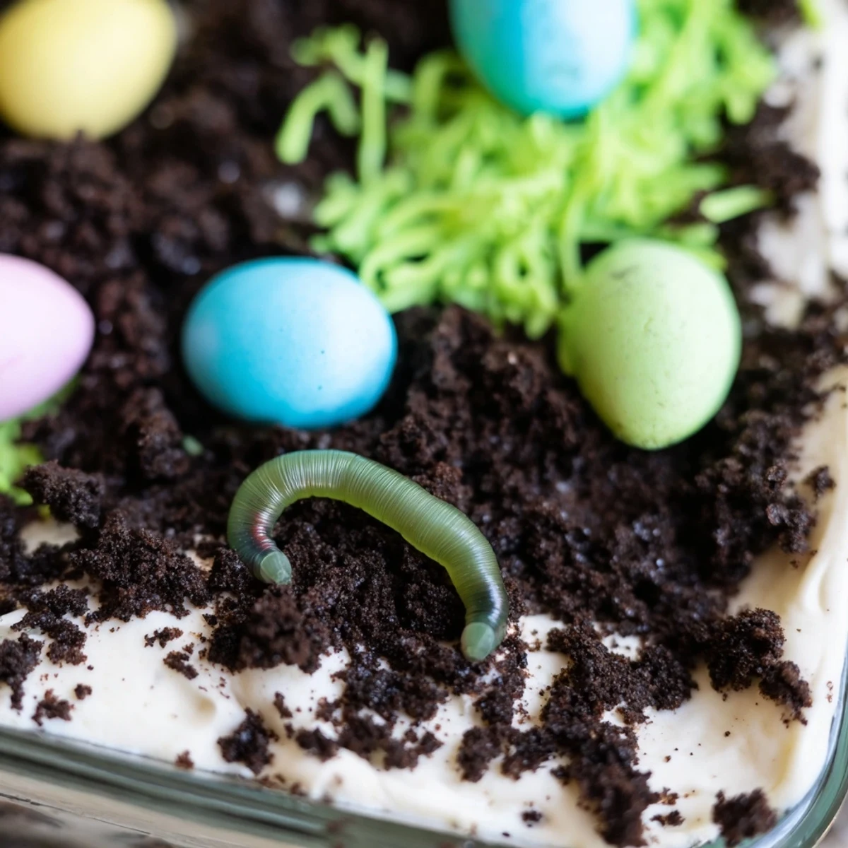 A spoon scoops into a festive Easter Dirt Cake Casserole topped with Oreo crumbs, pudding, and whimsical candy decorations.