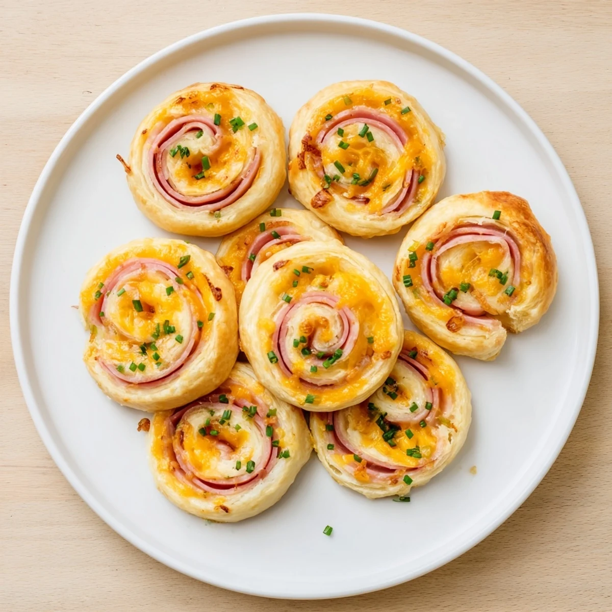 Freshly baked Easter Ham Cheddar Pinwheels with golden flaky pastry layers and melted sharp cheddar on a rustic wooden board.