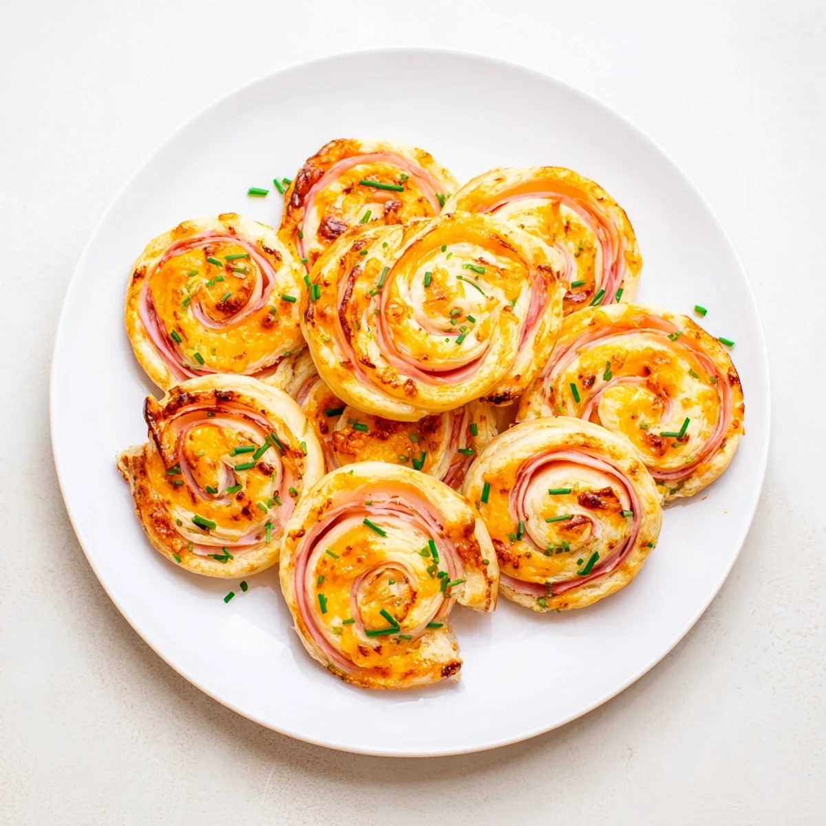 A close-up view shows flaky Easter Ham Cheddar Pinwheels with visible ham and cheddar layers, served warm for a spring party.