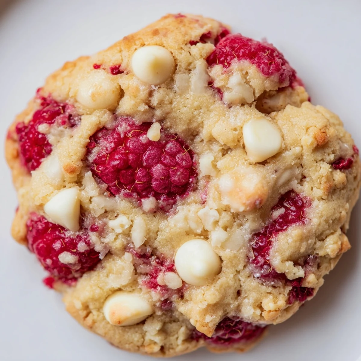Golden Lemon Raspberry Cookies studded with juicy berries and white chocolate chips on a rustic wooden serving board.