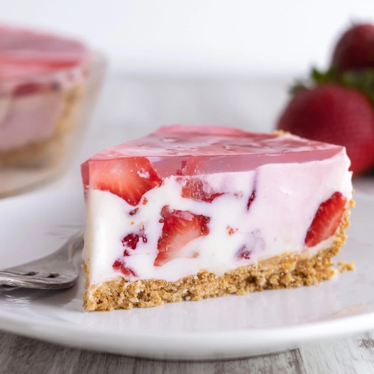 Slices of Easter No Bake Jello Pie are topped with whipped cream and fresh strawberries on a pastel plate.