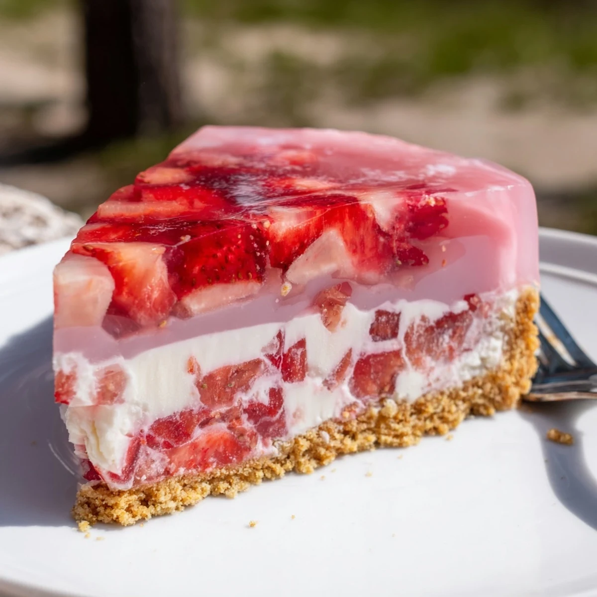 Freshly set Easter No Bake Jello Pie features a vibrant strawberry layer and creamy filling in a graham cracker crust.