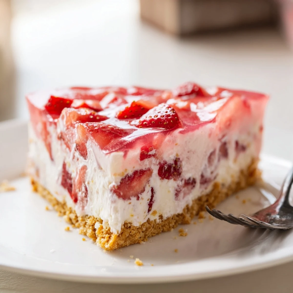 A chilled Easter No Bake Jello Pie with a smooth strawberry Jello layer and graham cracker crust garnished with sprinkles.