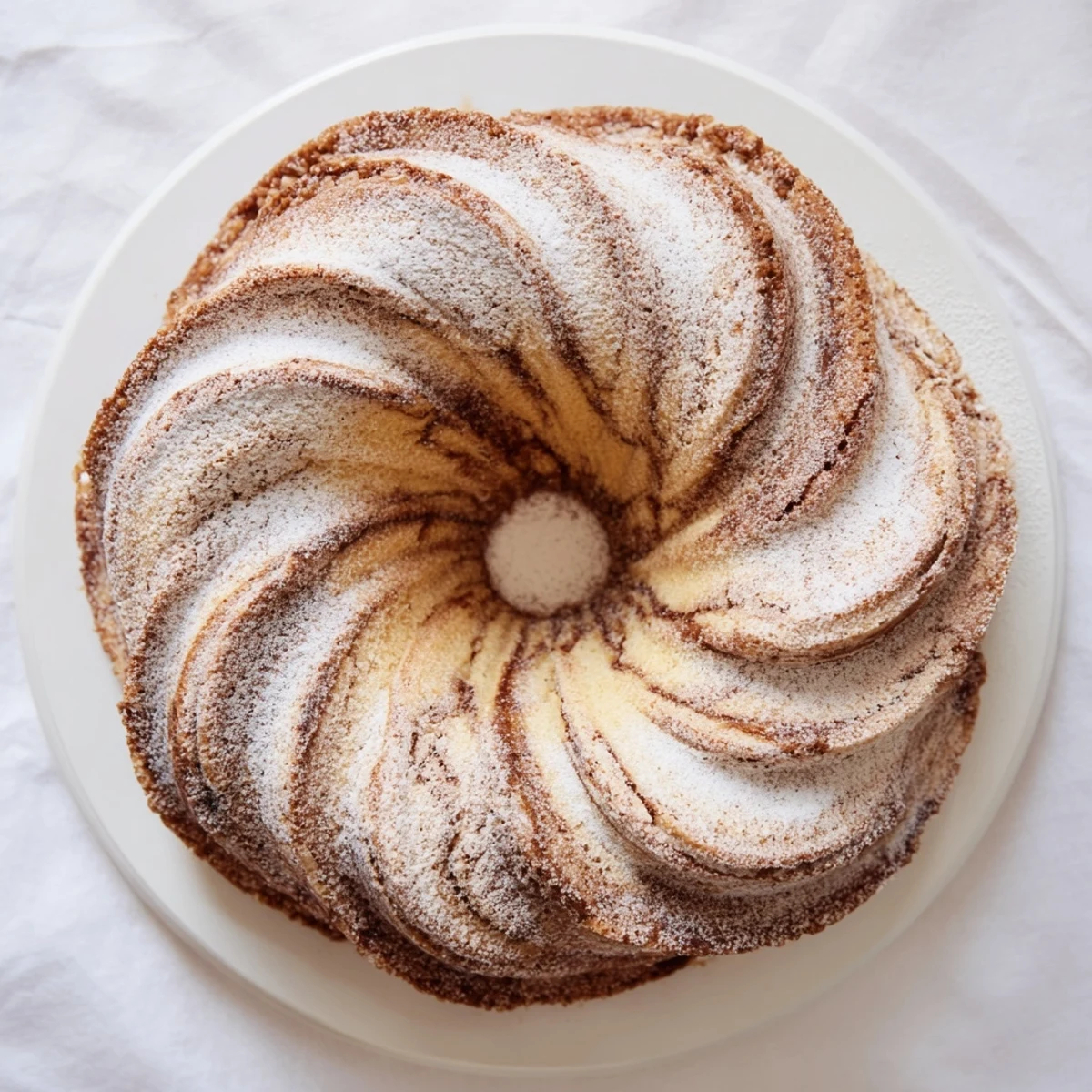 Golden brown Easy Breakfast Bundt Coffee Cake dusted with powdered sugar and topped with chopped pecans.  