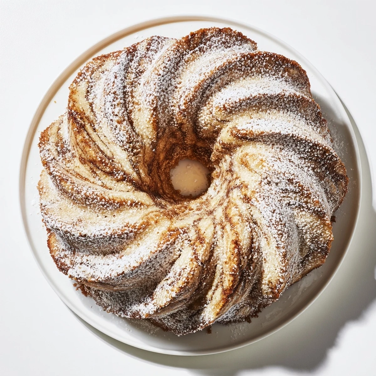 Freshly baked Easy Breakfast Bundt Coffee Cake on a cooling rack with warm cinnamon swirls visible inside.  