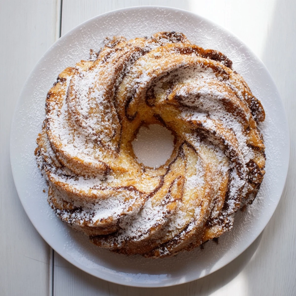 Sliced Easy Breakfast Bundt Coffee Cake served on a white plate next to a steaming cup of coffee.