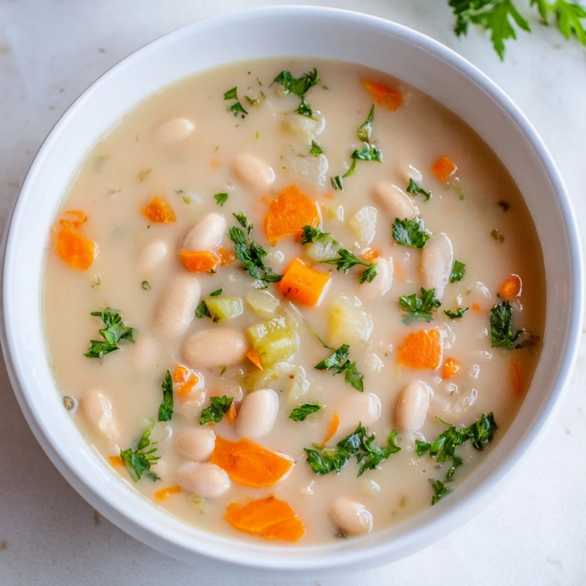Creamy Cozy Rosemary Garlic White Bean Soup simmering in a rustic pot with a sprig of fresh rosemary and a slice of crusty bread.