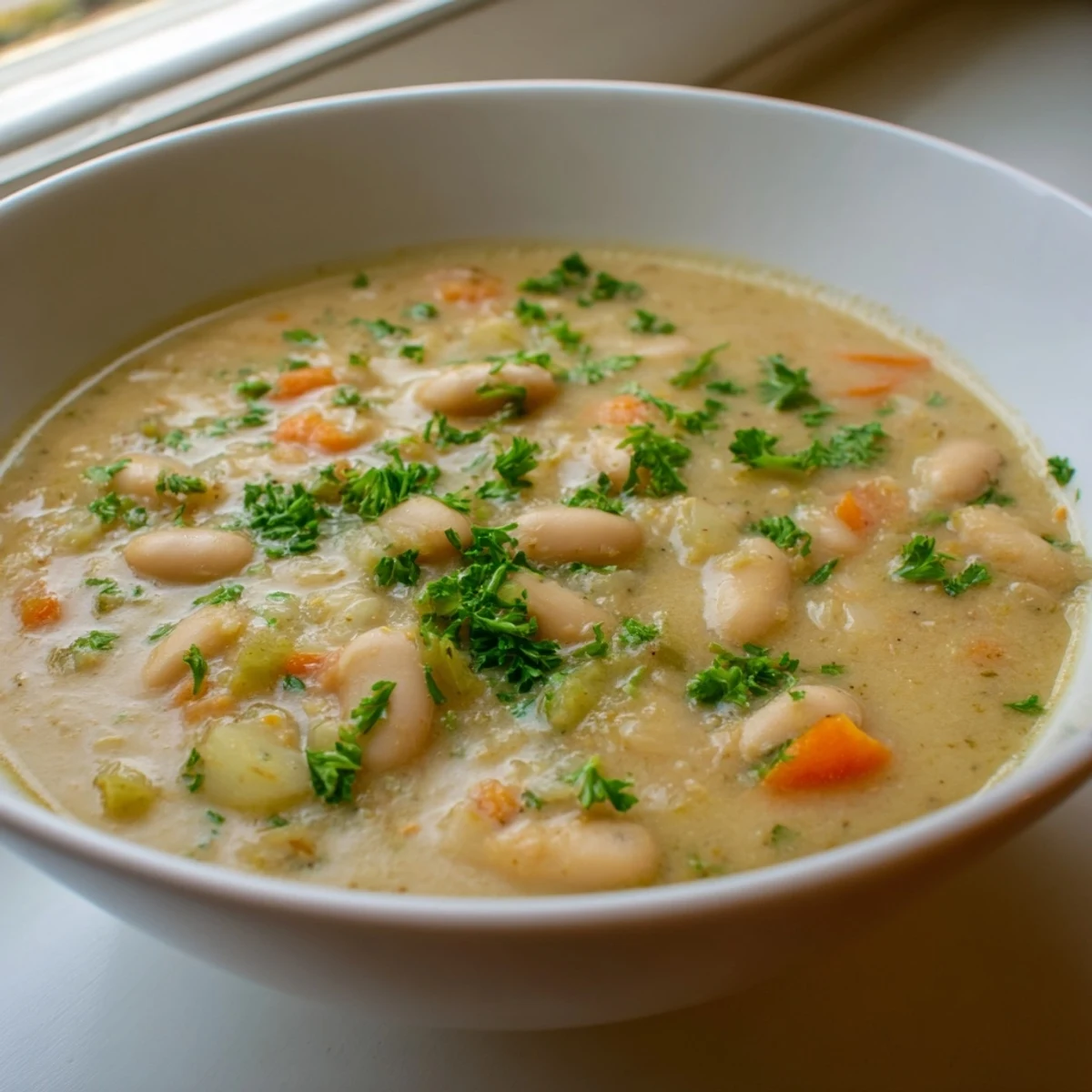 A warm bowl of Cozy Rosemary Garlic White Bean Soup, garnished with fresh parsley and a lemon wedge, ready to enjoy on a chilly evening.