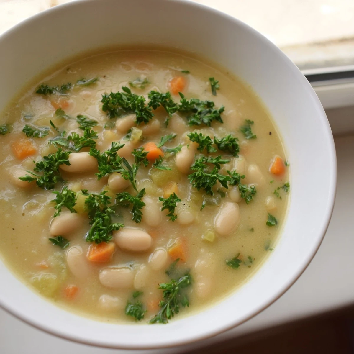 Close-up view of Cozy Rosemary Garlic White Bean Soup in a stoneware bowl, showcasing creamy cannellini beans and diced carrots in aromatic broth.