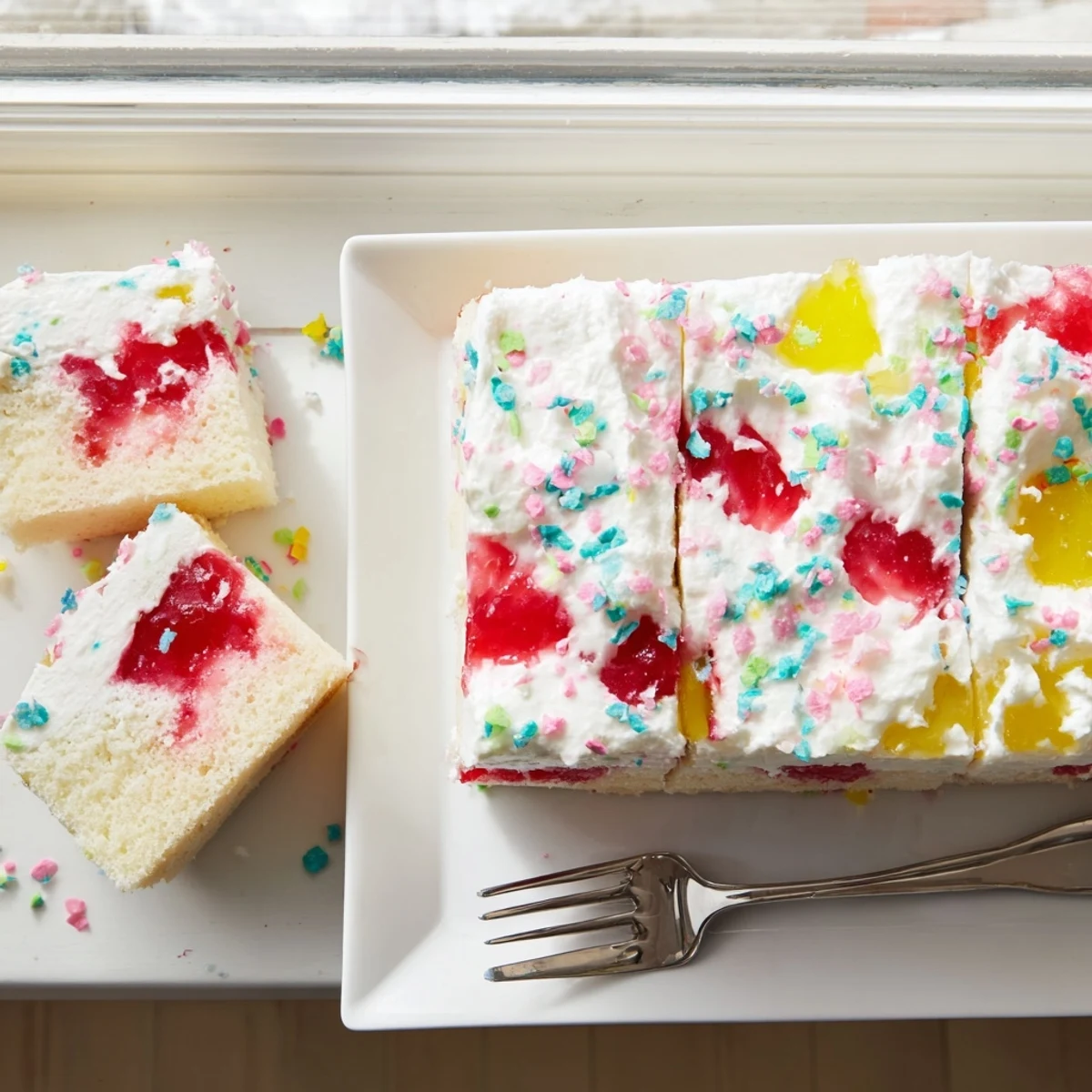 Brightly colored Easter Poke Cake with vanilla gelatin, whipped cream, and pastel sprinkles on a spring table.