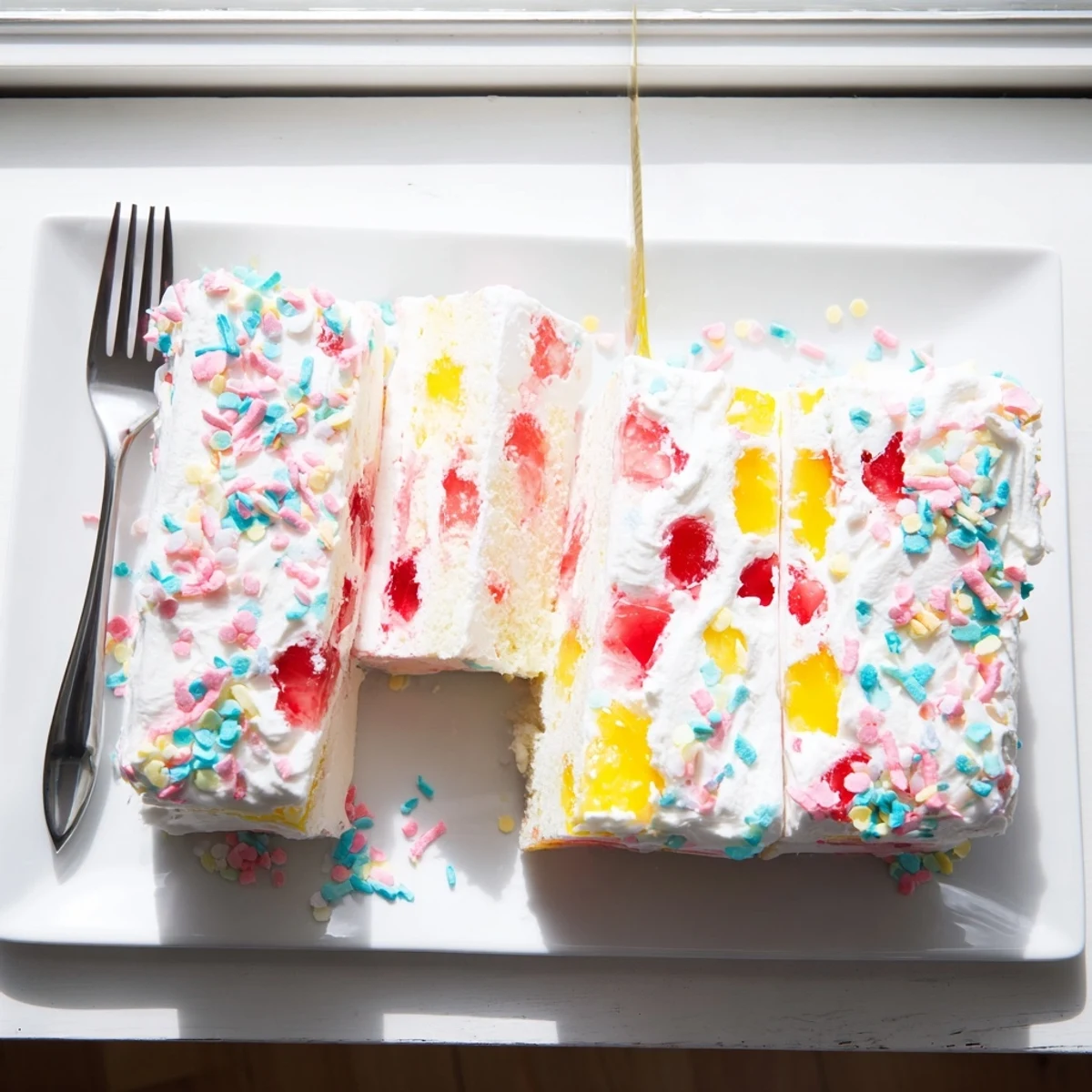 Moist Easter Poke Cake with vanilla base, strawberry and lemon gelatin swirls, and fluffy whipped cream topping.