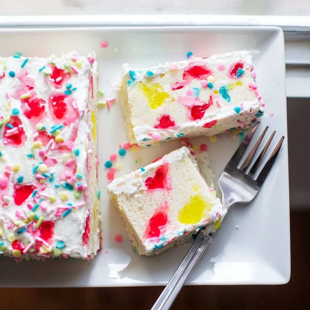 Slice of Easter Poke Cake featuring fruity gelatin holes, creamy topping, and cheerful rainbow sprinkles for serving.