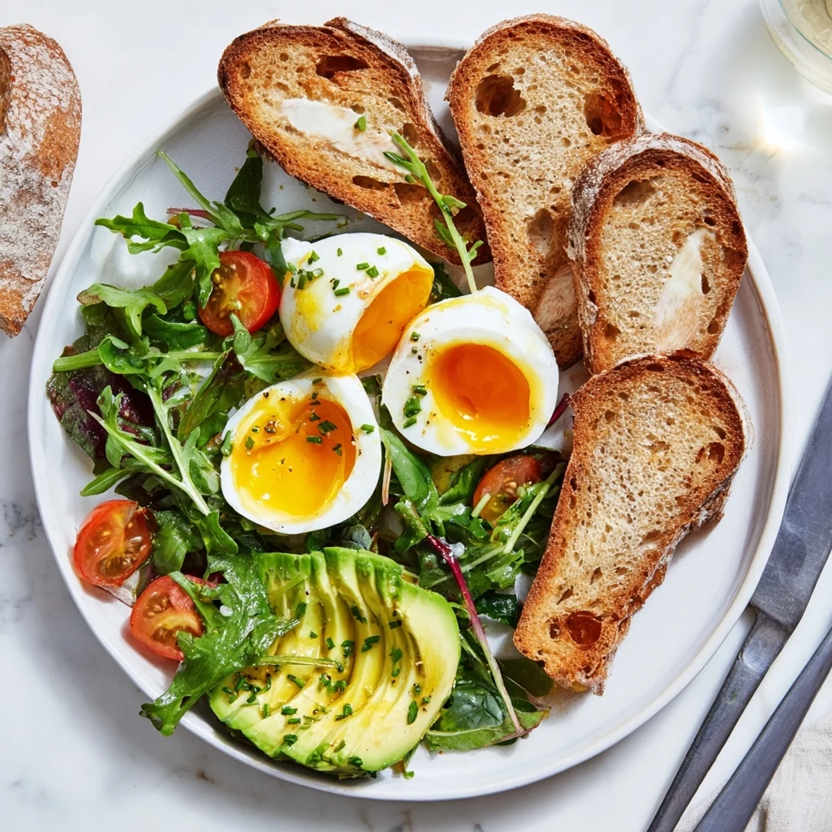 Savory Breakfast Plate with Soft Eggs, Toast & Greens, featuring golden toast and sliced avocado.