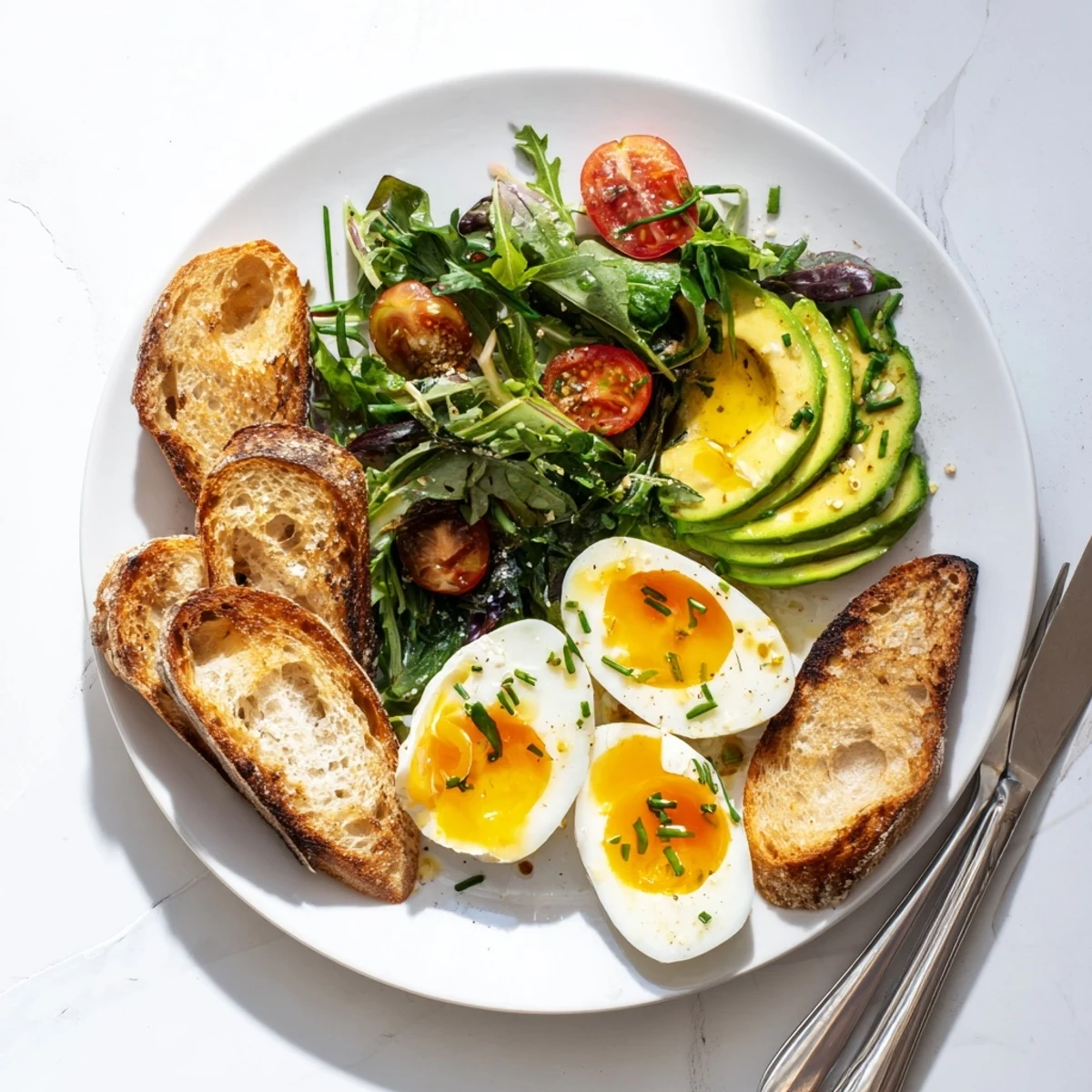 A fully plated Savory Breakfast Plate with Soft Eggs, Toast & Greens beside a cup of tea.