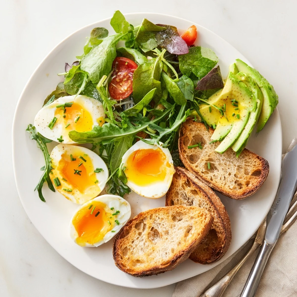 Close up of soft-boiled eggs on toast, the Savory Breakfast Plate with Soft Eggs, Toast & Greens.