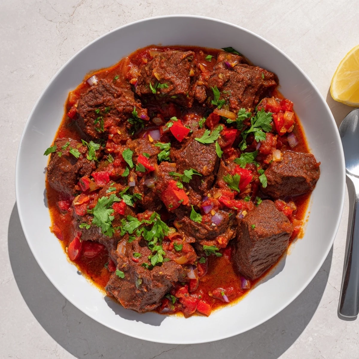 Fragrant Indian Beef Curry with Tomato Gravy simmering in a Dutch oven, beef chunks tender in a thick, spiced red sauce.