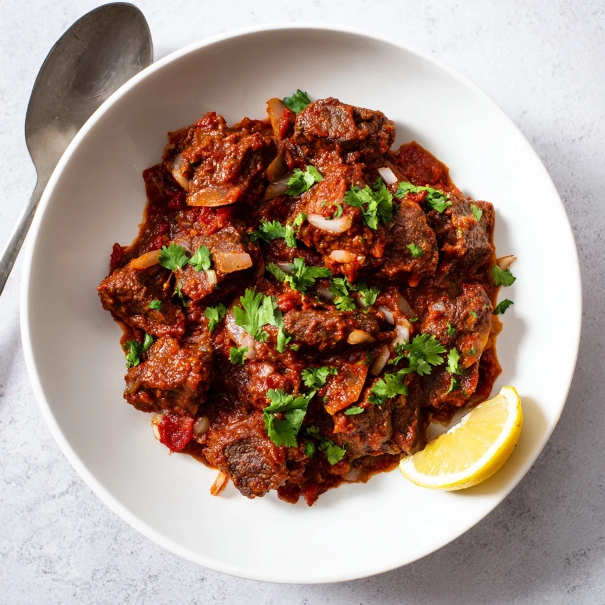 Steaming bowl of Indian Beef Curry with Tomato Gravy topped with fresh cilantro and lemon wedges, served alongside fluffy basmati rice.