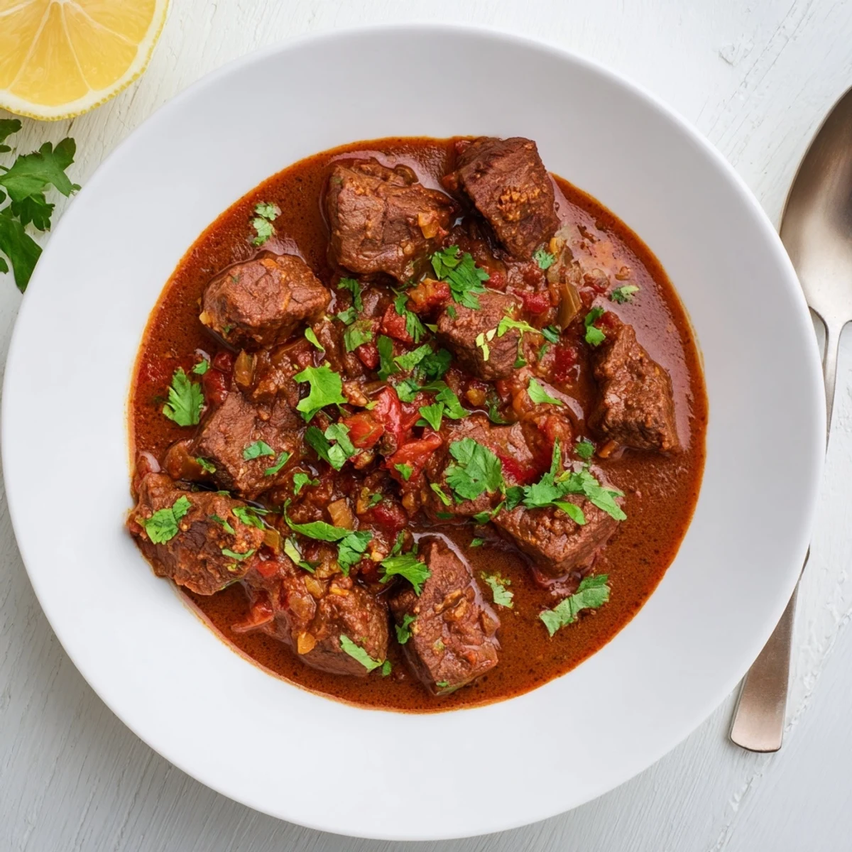Golden-brown beef cubes in a rich Indian Beef Curry with Tomato Gravy, ready to be scooped up with warm naan bread.