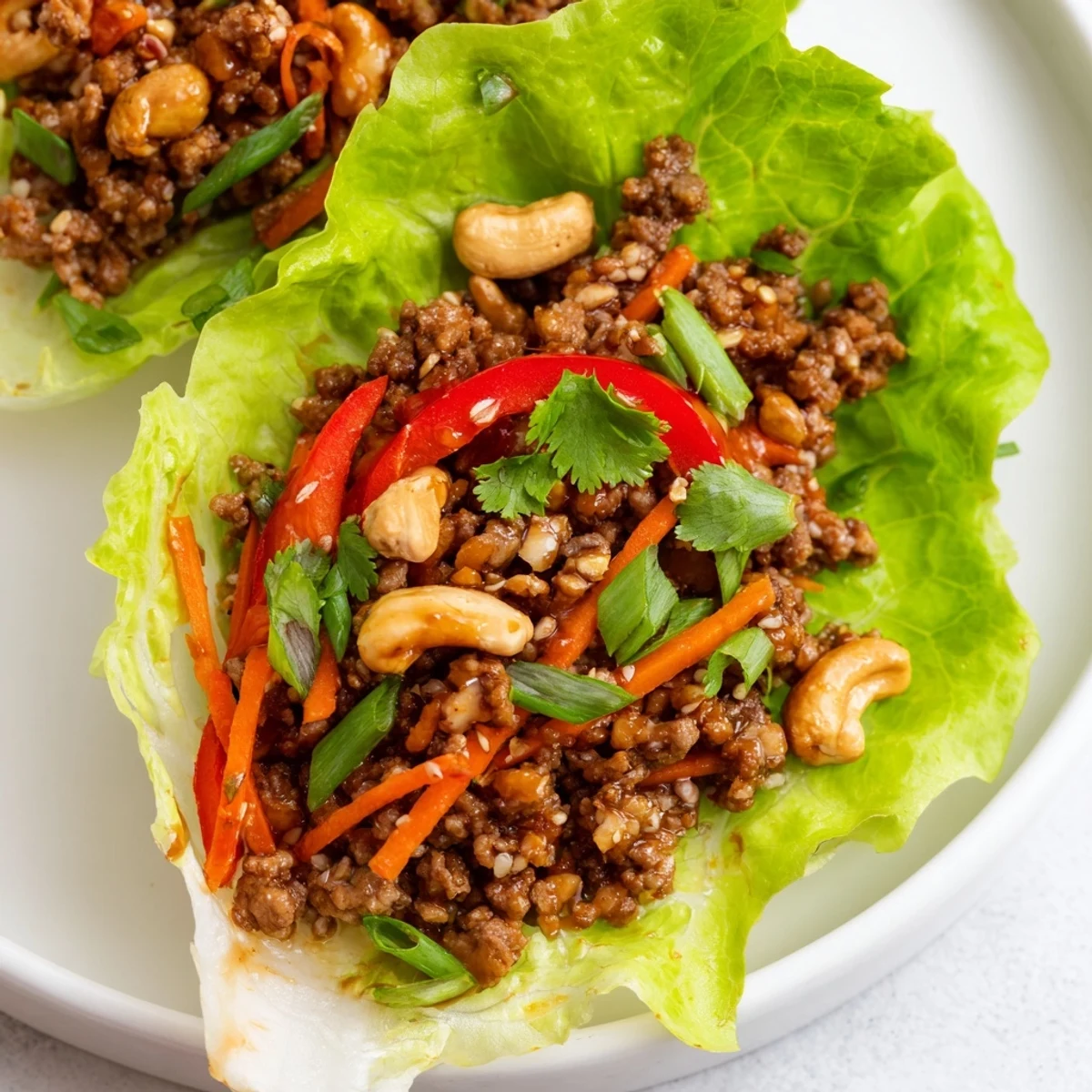 Crisp lettuce cups filled with savory seasoned beef and crunchy toasted cashews