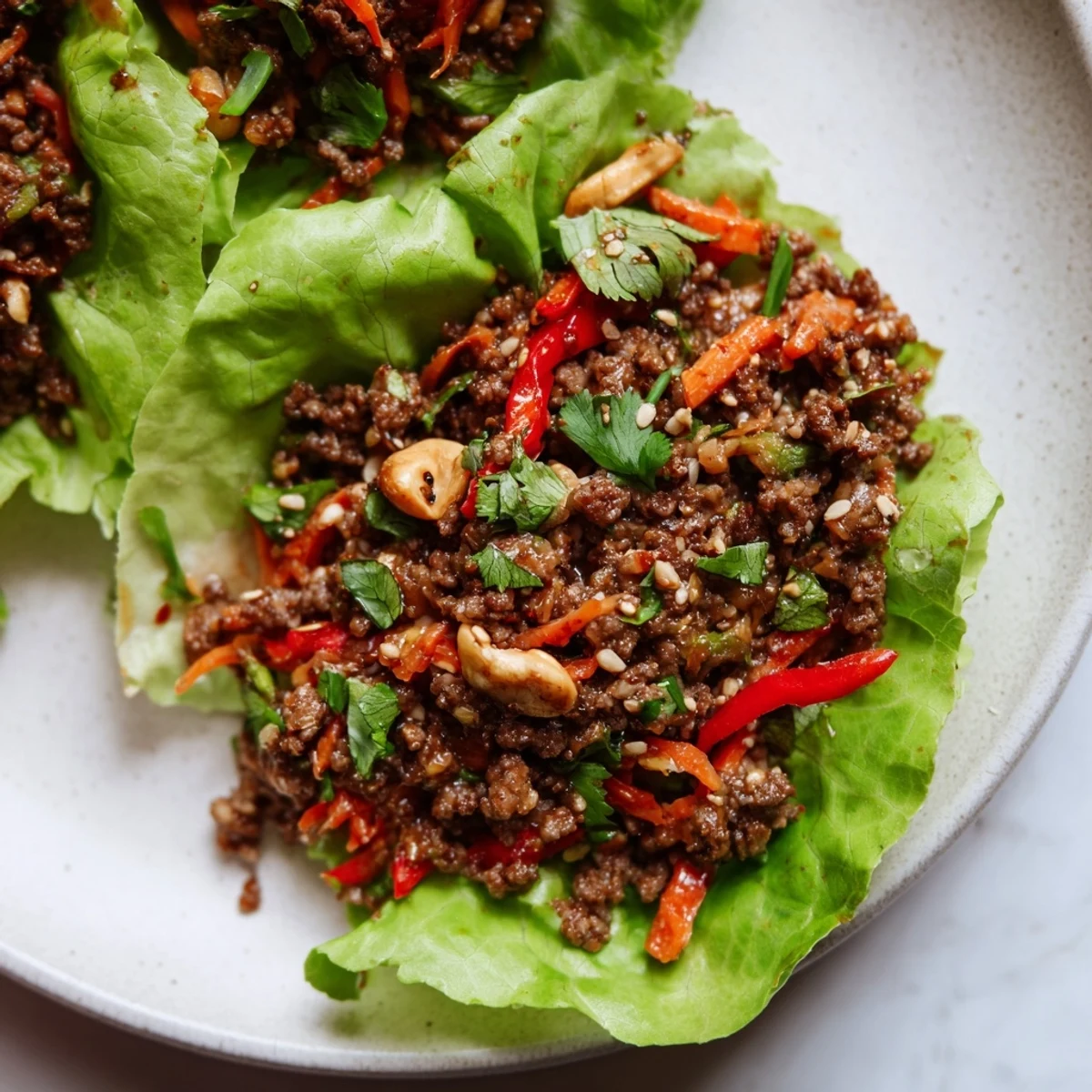 Golden ground beef mixture spooned into butter lettuce leaves with roasted cashews