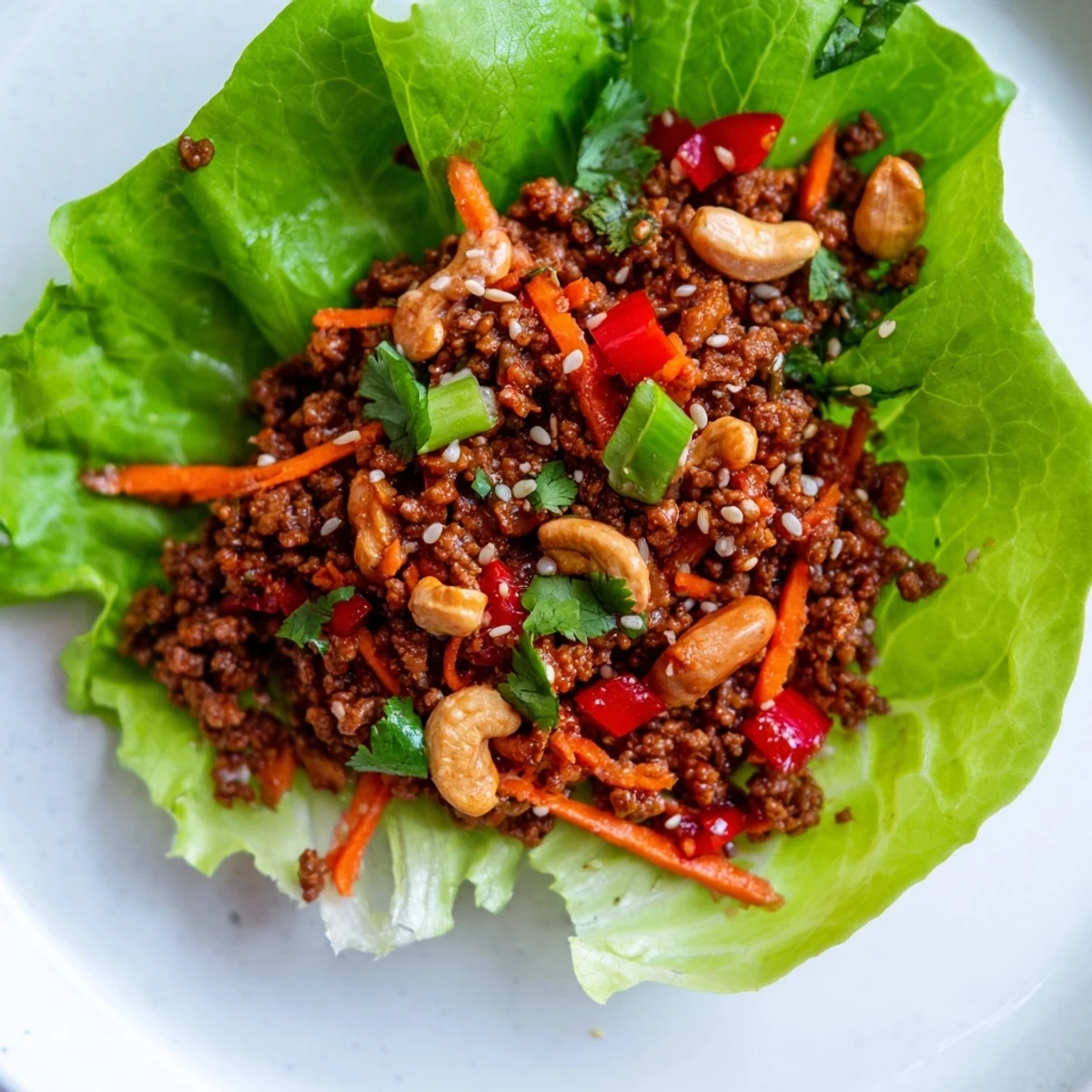 Fresh Asian-style beef and cashew lettuce cups topped with herbs and lime