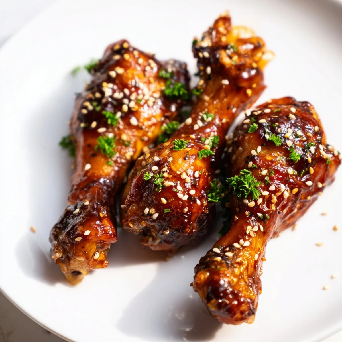 Golden honey garlic baked chicken drumsticks with caramelized sticky glaze and sesame seed garnish
