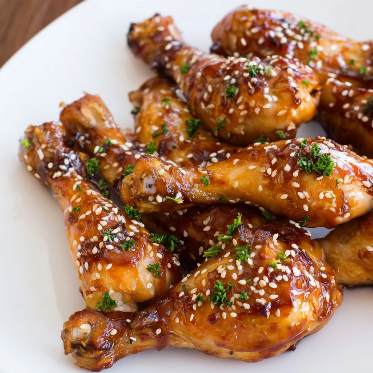 Tender baked chicken drumsticks coated in savory honey garlic sauce with fresh parsley sprinkles