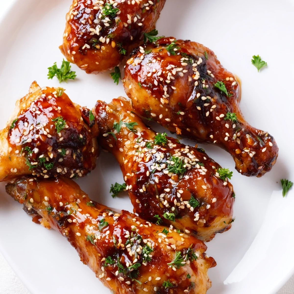 Perfectly caramelized honey garlic baked chicken drumsticks on a baking sheet ready for serving