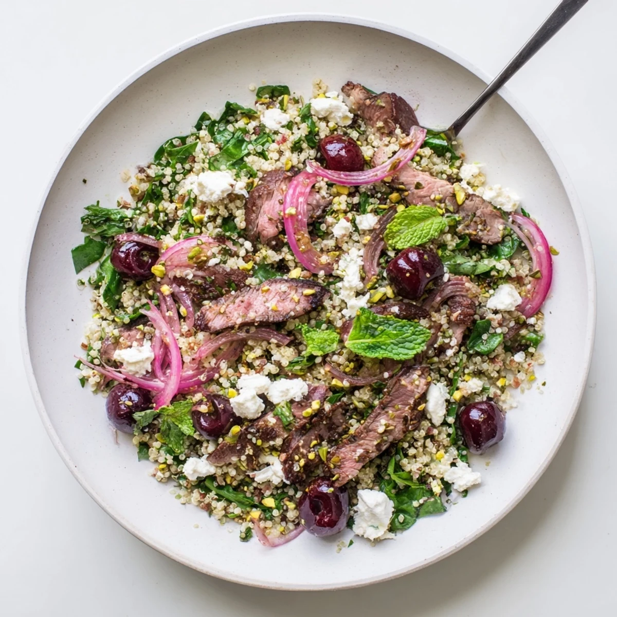 Colorful cherry quinoa salad with lamb featuring fresh cherries, fluffy quinoa, and tender spiced meat
