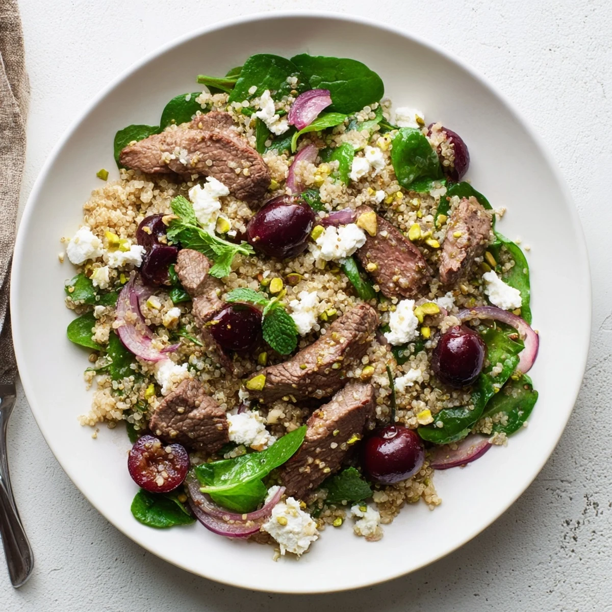 Mediterranean-inspired cherry quinoa salad with lamb garnished with feta, pistachios, and vibrant herbs