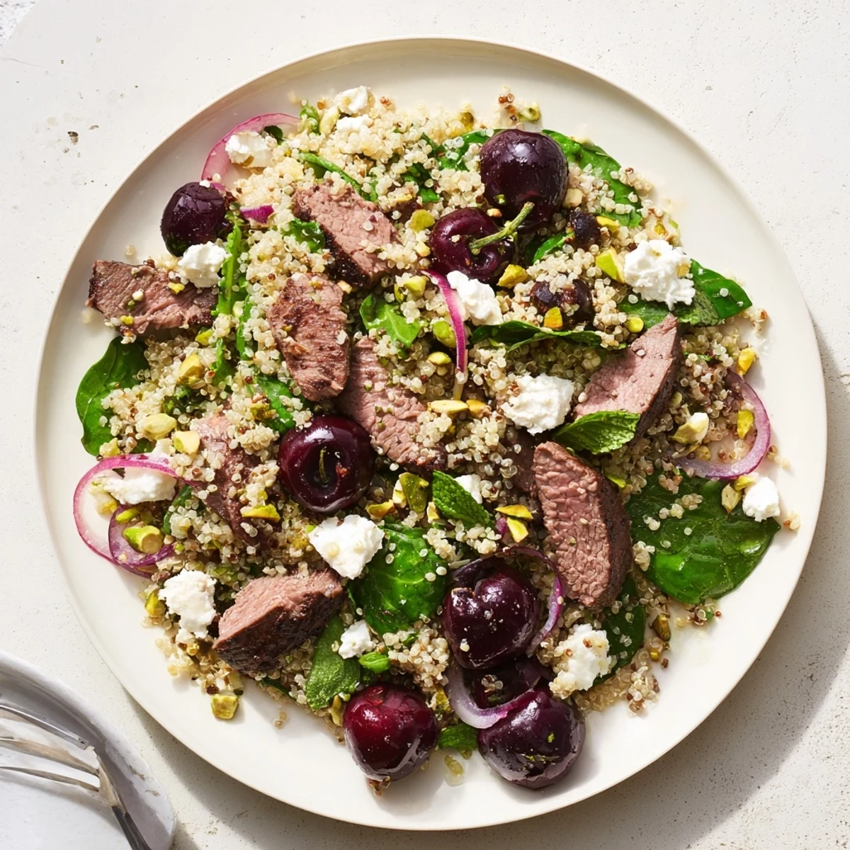 Protein-rich cherry quinoa salad with lamb showcasing grilled meat, juicy cherries, and zesty dressing