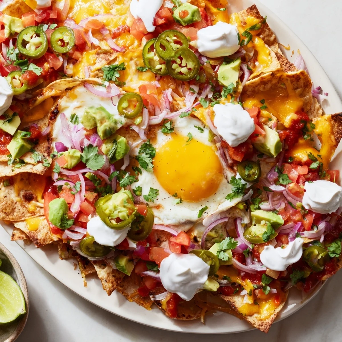 Golden Mexican egg nachos topped with melted cheese, fresh avocado, and sunny-side up eggs