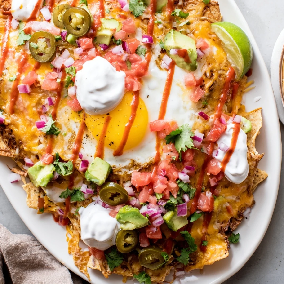 Crispy tortilla chips layered with cheddar, salsa, and perfectly cooked eggs for a festive breakfast