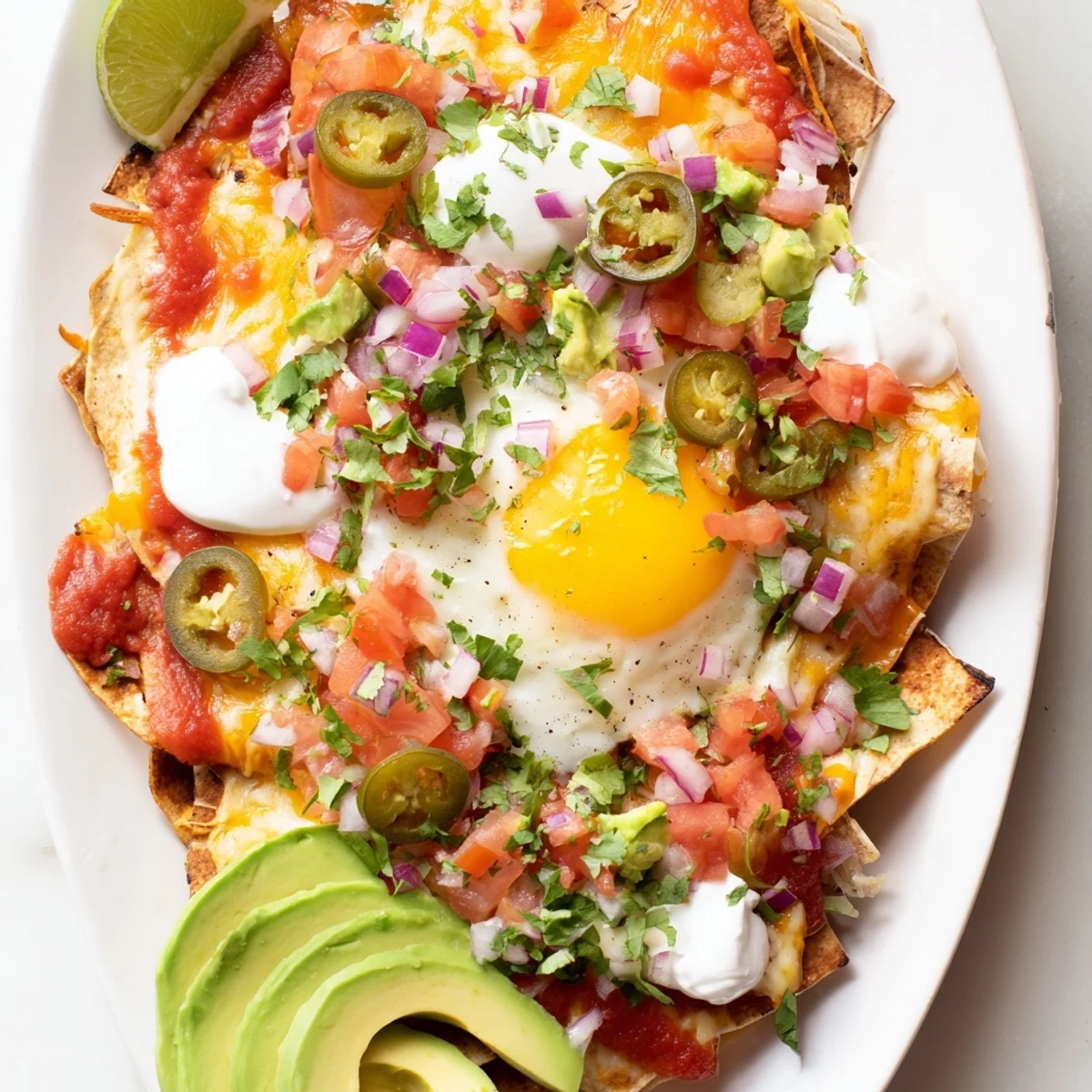 Hearty plate of Mexican egg nachos drizzled with sour cream and sprinkled with cilantro