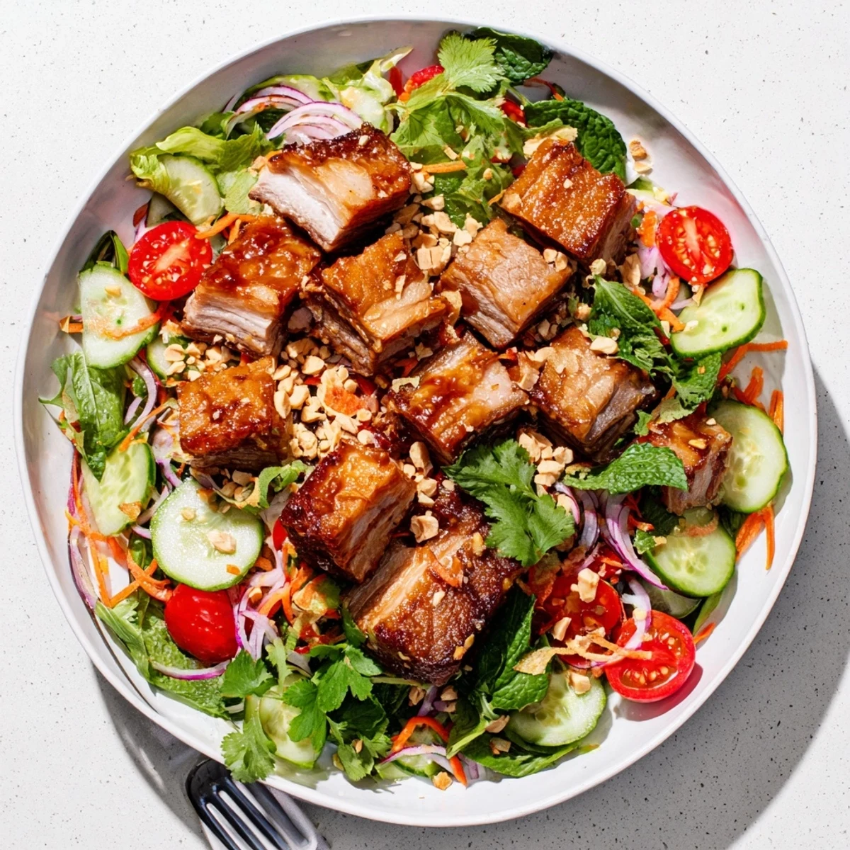 Crispy sweet and sour pork belly salad served over fresh mixed greens and colorful vegetables