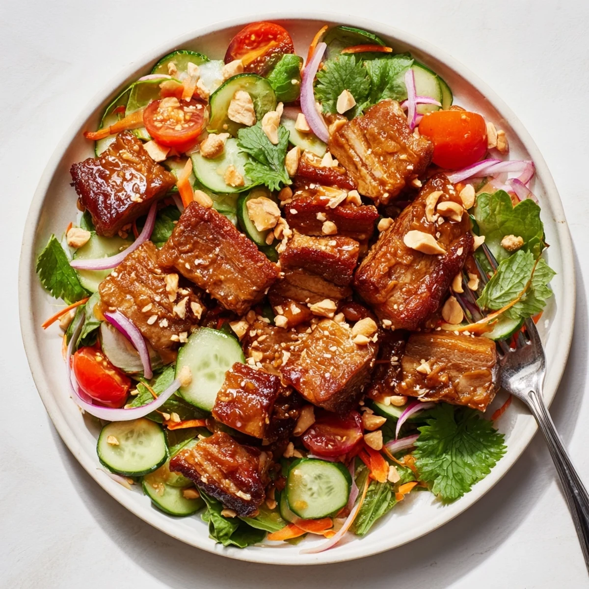 Golden pork belly pieces tossed in tangy glaze atop a vibrant Asian fusion vegetable salad plate