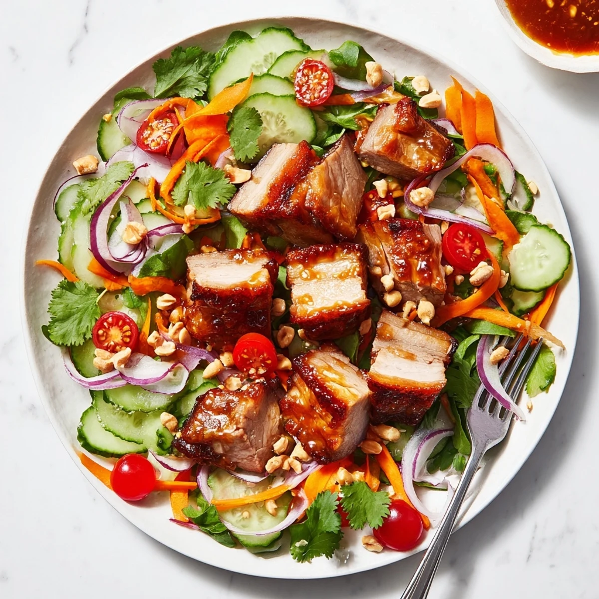 Plate of sweet and sour pork belly salad with crunchy peanuts sesame seeds and fresh cilantro