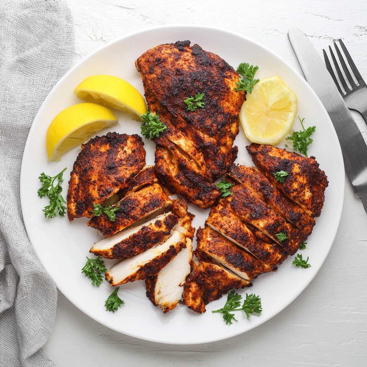 Whole blackened chicken breast pieces with a crispy blackened seasoning crust served hot