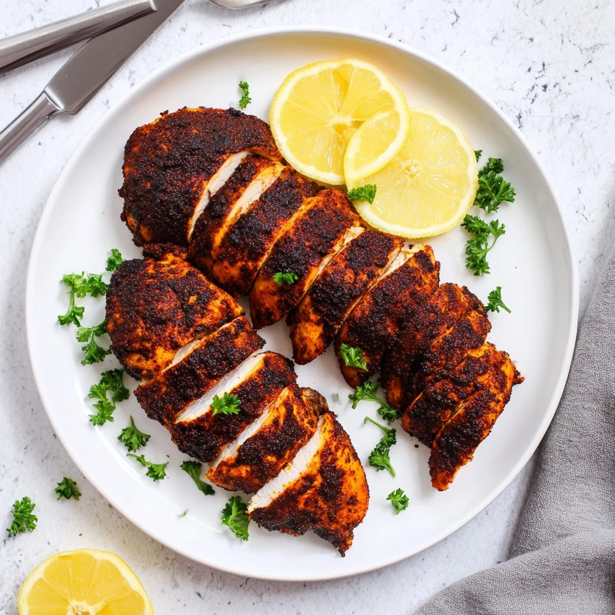 Sliced blackened chicken revealing juicy white meat with a charred Cajun spice coating