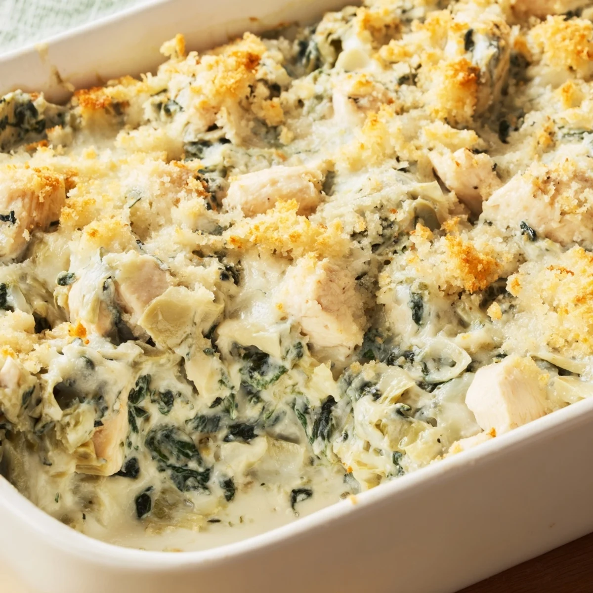 Golden-baked spinach and artichoke chicken casserole with cheesy bubbly topping fresh from oven