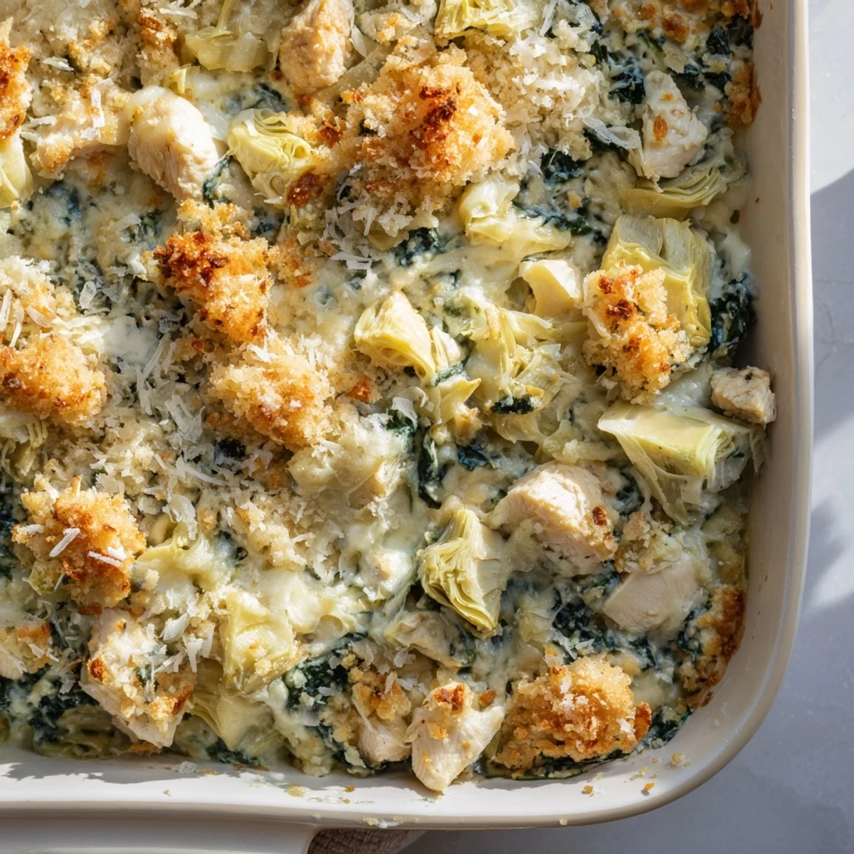 Bubbling spinach and artichoke chicken casserole topped with melted cheese and breadcrumb crisp