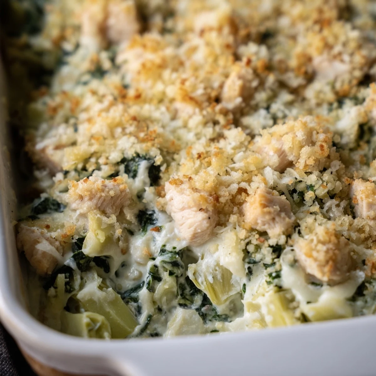 Creamy high protein spinach and artichoke chicken casserole garnished with golden crispy panko crumbs