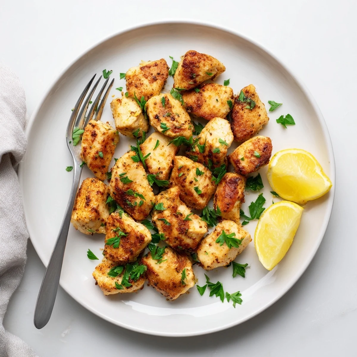 Golden Air Fryer Lemon Chicken Bites arranged on a white platter with fresh parsley garnish and lemon wedges