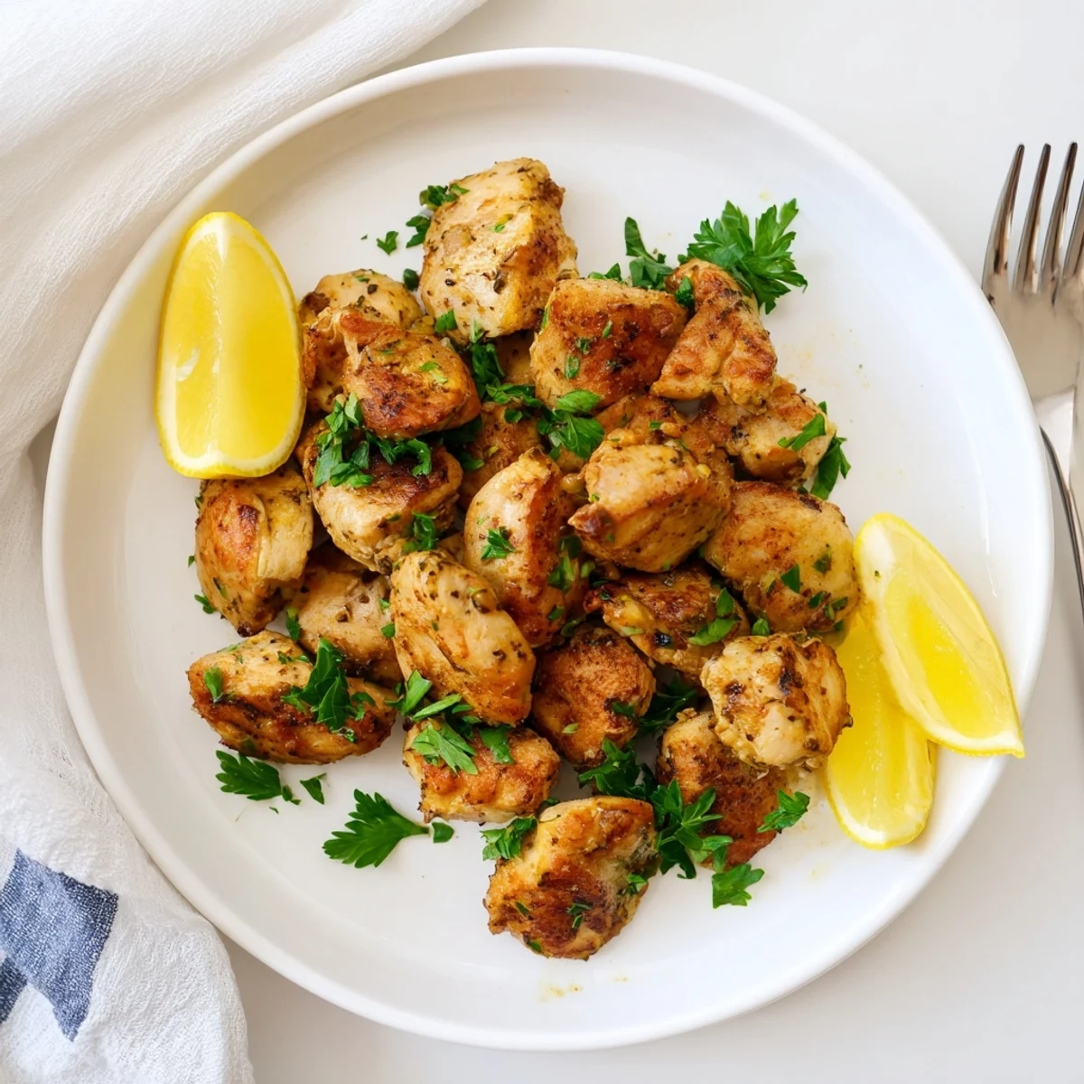 Tender lemon marinated chicken bites air fried until golden brown, served with fresh herbs and citrus slices